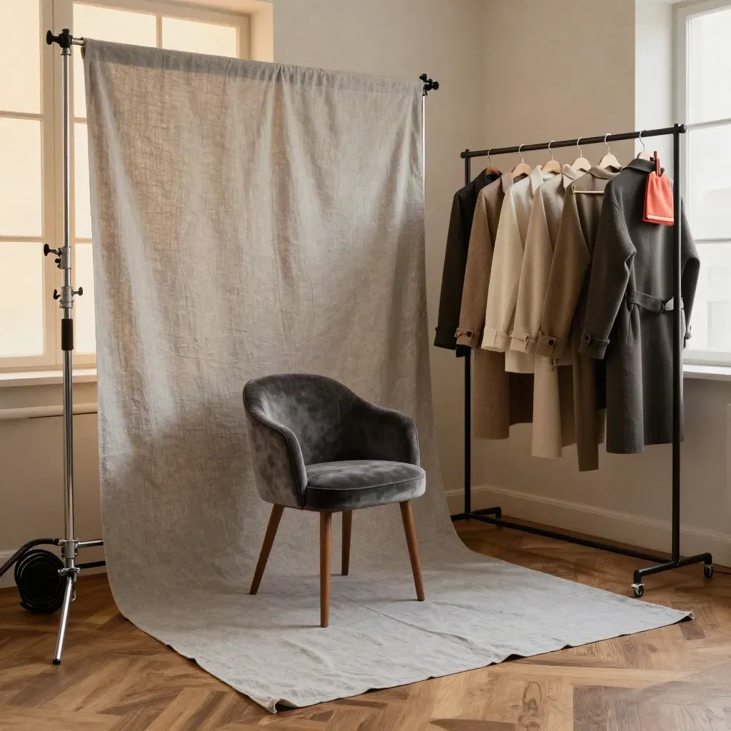 Loft interview set mid-change with velvet chair, linen backdrop, light stand, and jacket rack.