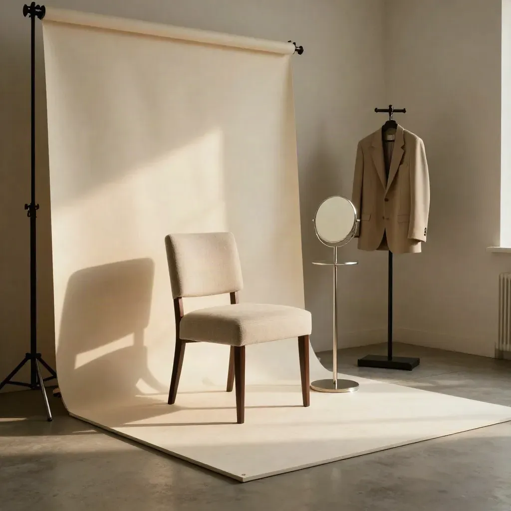 Moody empty founder headshot set with chair, backdrop roll, mirror, coat stand and haze.
