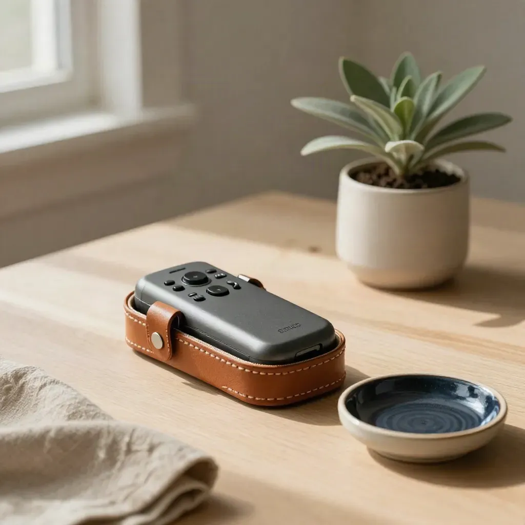Voice recorder in leather case with linen, plant, and dish on pale wood.